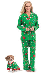 Models wearing Green Charlie Brown Christmas PJ for Pet and Owner image number 0