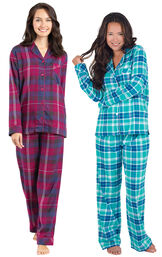Models wearing World's Softest Flannel Boyfriend Pajamas - Black Cherry Plaid and Wintergreen Plaid Boyfriend Flannel Pajamas. image number 0