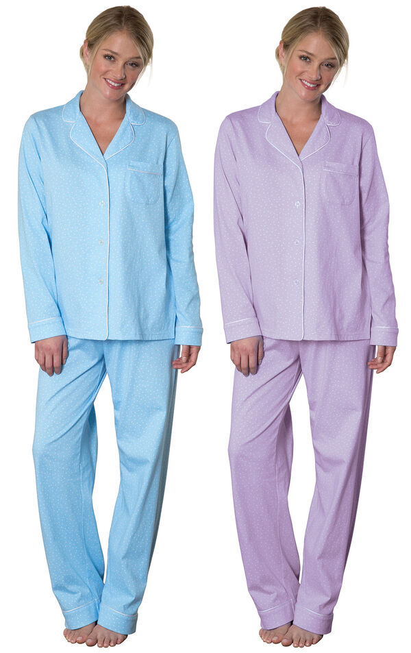 Models wearing Classic Polka-Dot Boyfriend Pajamas - Blue and Classic Polka-Dot Boyfriend Pajamas - Lavender. image number 0
