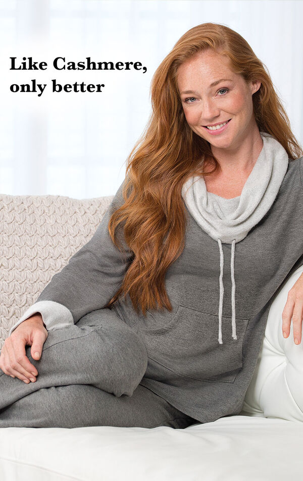 Model wearing Charcoal World's Softest Pajamas sitting on a couch image number 1