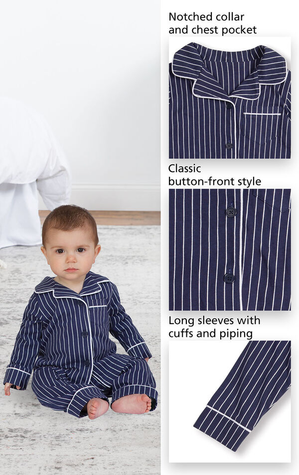 Close-ups of Classic Stripe Pajamas - Navy features which include a notched collar and chest pocket, classic button-front style and long sleeves with cuffs and piping image number 1