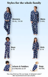 Every family member wearing matching Polar Bear Fleece PJs with the following sizes displayed: Women XS-XL, 1X-3X (Dress Sizes 2-26), Mens S-XXL, Boys and Girls Size 6-14, Infants/Toddlers Sizes 0-3 months - 5T, Dog: XS-XXL image number 4