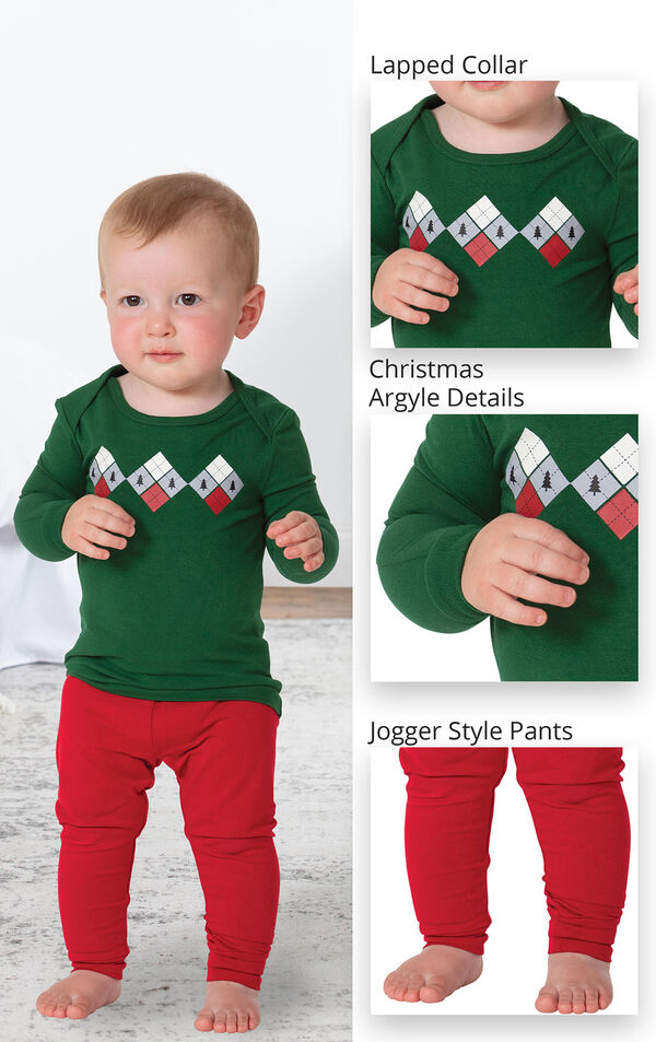 Holiday Argyle Infant Pajamas feature a lapped collar, christmas argyle details and jogger style pants image number 3