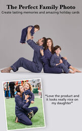 Parents and children wearing Dots-n-Stripes Matching Family Pajamas. Headline: The Perfect Family Photo - Create lasting memories and amazing holiday cards. Customer quote: "Love the product and it looks really nice on my daughter" image number 3