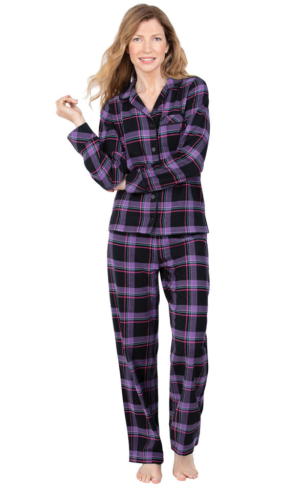 Model wearing Black and Purple Plaid Button-Front PJ for Women image number 0