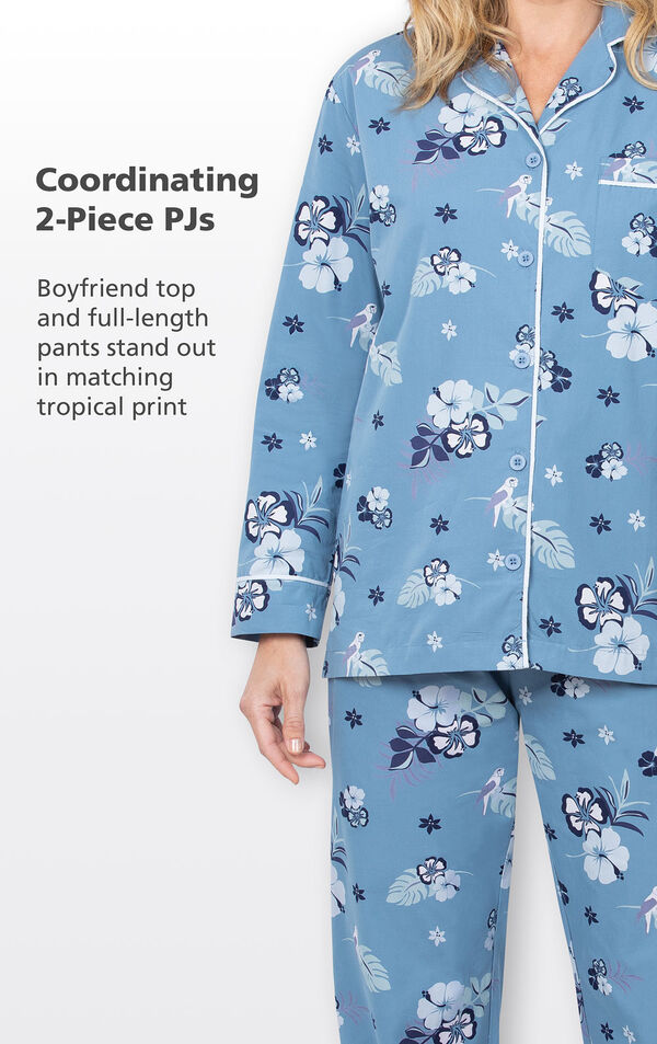 Blue Hibiscus coordinating 2-piece PJs with white trim - boyfriend top and full-length pants stand out in matching tropical print image number 3
