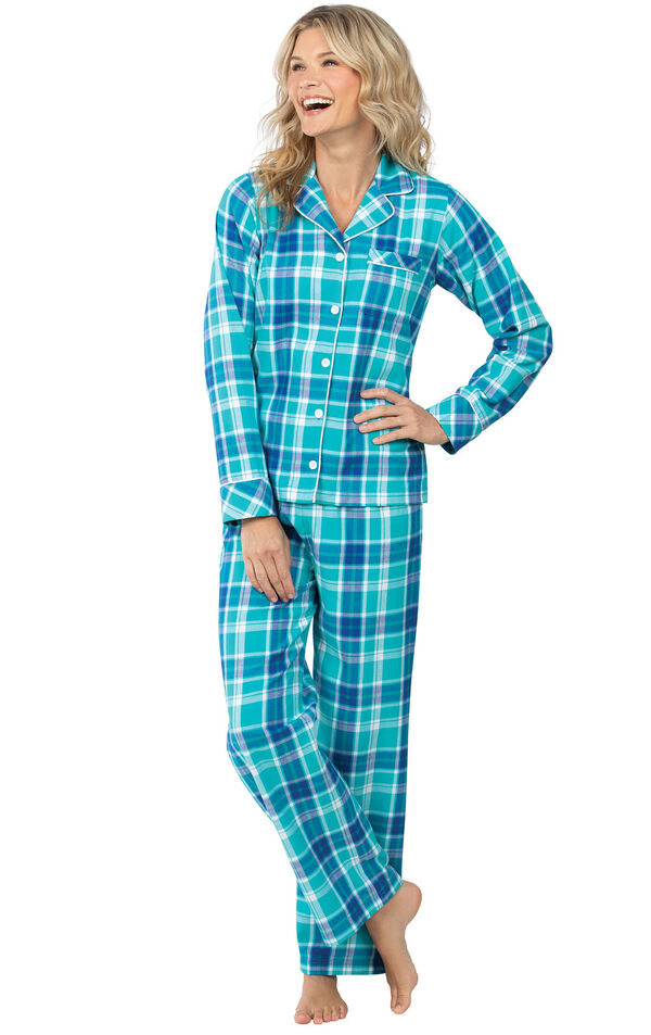 Model wearing Green and Blue Bright Plaid Button-Front PJ for Women image number 0