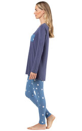 Model wearing Long Sleeve and Legging Pajamas - Navy Stars, facing to the side image number 2