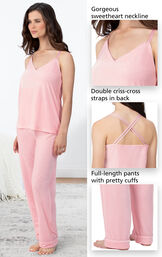 Close-ups of the features of Velour Cami Pajamas which include a gorgeous sweetheart neckline, elastic waist with adjustable drawstring and double criss-cross straps in back image number 3