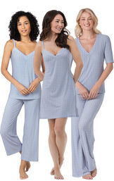 Models wearing Naturally Nude Capri Pajamas - Blue, Naturally Nude Pajamas - Blue and Naturally Nude Chemise - Blue. image number 0