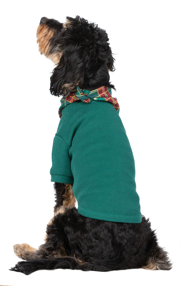 Model wearing Red and Green Christmas Tree Plaid PJ for Pets, facing away from the camera image number 1