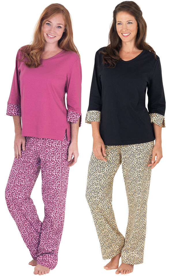 Models wearing Leopard Print Pajamas and Raspberry Leopard Print Pajamas. image number 0