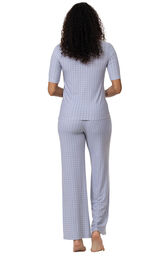 Model wearing Light Blue Stretch Knit Geo Print PJ for Women, facing away from the camera image number 1