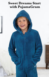 Boy wearing Blue Hoodie-Footie with the following copy: Sweet Dreams Start with PajamaGram. image number 1