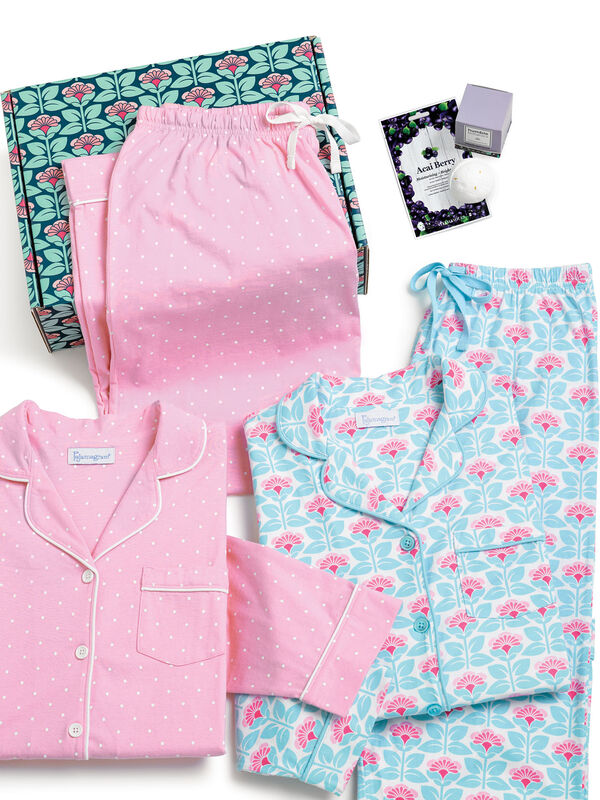 Modern Floral Boyfriend PJs and Pink Polka Dot Boyfriend PJs in a blue and pink floral gift box with a bath bomb and acai berry face mask image number 1