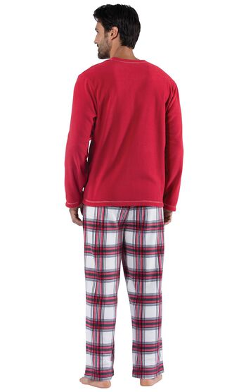 Model wearing Red and White Plaid Fleece PJ for Men, facing away from the camera