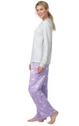 Model wearing Gray top with Lavender Cat Print Pants - Purrfect Flannel Pajamas image number 2