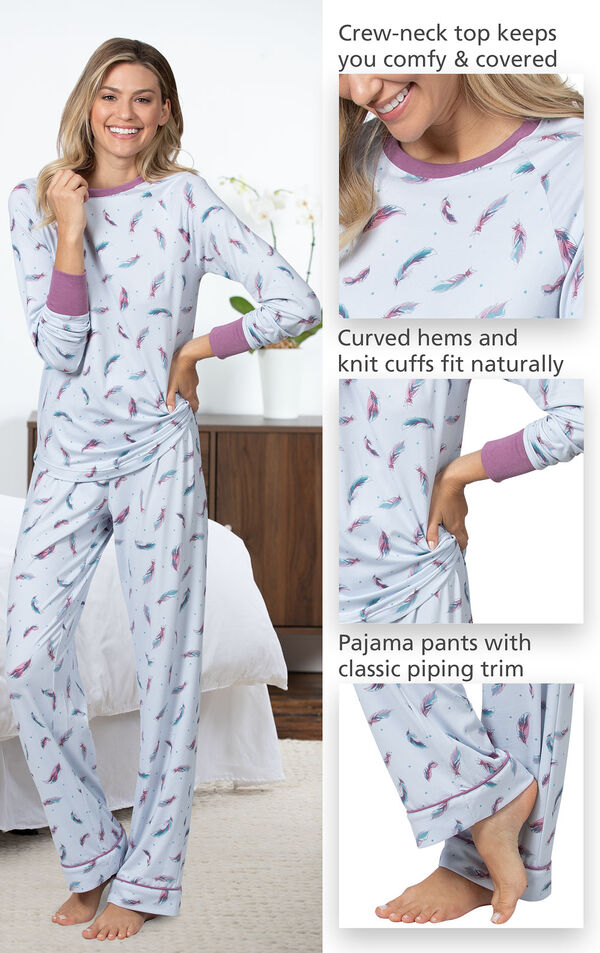 Close-ups of the features of Feather Touch Pajamas which include a crew-neck top that keeps you comfy and covered, curved hems and knit cuffs and pajama pants with classic piping trim image number 3