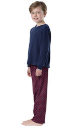Model wearing Deep Red Print PJ for Youth, facing to the side image number 2