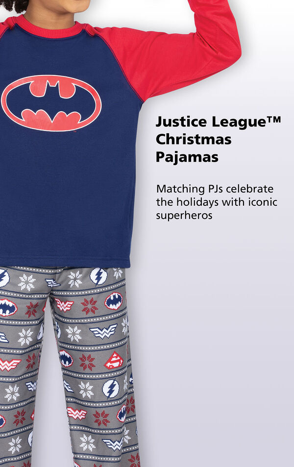 Close-up of Blue and Red Justice League Boys PJ Batman Top with the following copy: Matching PJs celebrate the holidays with iconic superheroes image number 2