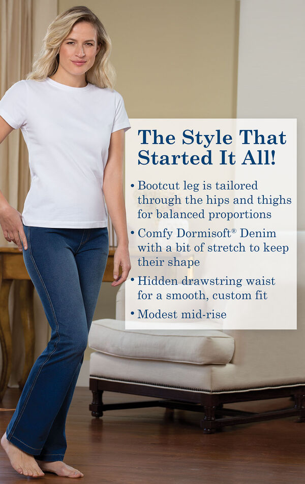 The Style That Started It All! Bootcut leg is tailored through the hips and thighs for balanced proportions. Comfy Dormisoft Denim with a bit of stretch to keep their shape. Hidden drawstring waist for a smooth, custom fit. Modest mid-rise. image number 2
