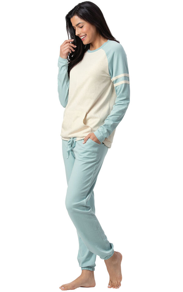 Model wearing Sunday Funday Pajamas - Aqua, facing to the side image number 2