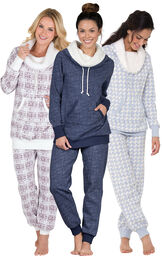 Models wearing Solstice Shearling Rollneck Pajamas, Chalet Shearling Rollneck Pajamas and Snow Day Shearling Rollneck Pajamas. image number 0