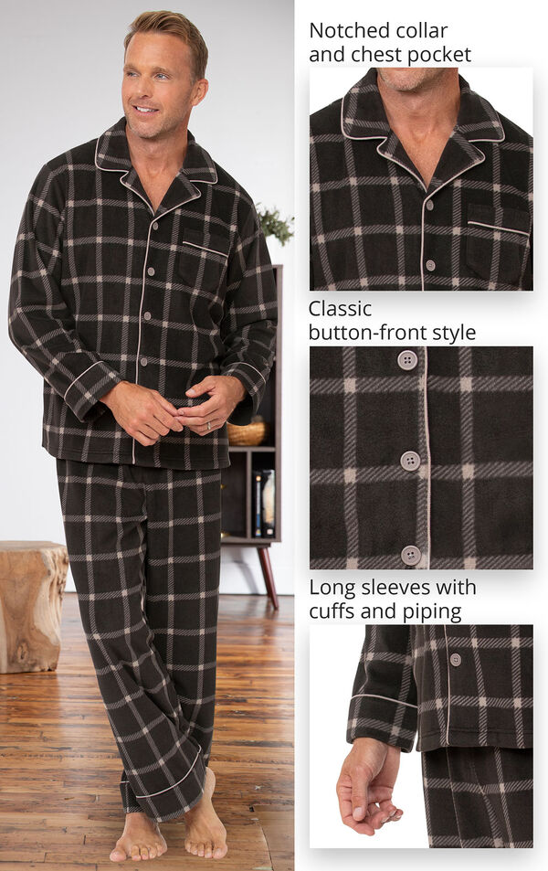Men's Button-Front Fleece Pajamas feature a notched collar and chest pocket, classic button-front style and long sleeves with cuffs and piping image number 3