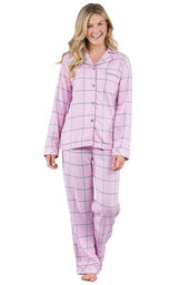 Model wearing Light Pink and Gray Plaid Button-Front PJ - Petite for Women image number 0