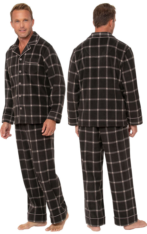 Model wearing Men's Button Front Fleece Pajamas - Charcoal Check facing away from the camera and then facing to the side image number 1