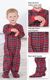 Close-ups of Stewart Plaid Infant Onesie's features which include red rib-knit collar and cuffs, full-zip front and inseam and non-skid treads image number 3
