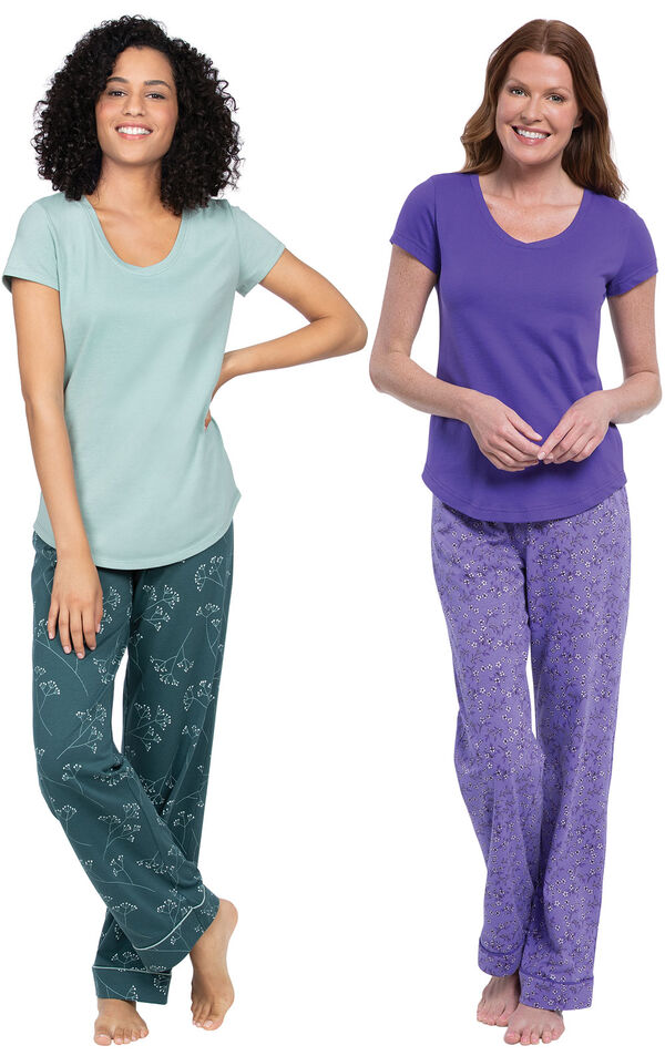 Models wearing Short-Sleeve V-Neck Pajamas- Purple Floral and Short-Sleeve Jersey Pajamas - Green Floral Print image number 0