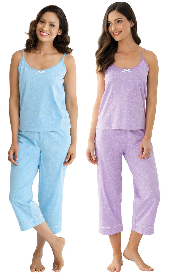 Models wearing Classic Polka-Dot Capri Pajamas - Blue and Classic Polka-Dot Capri Pajamas - Lavender. image number 0