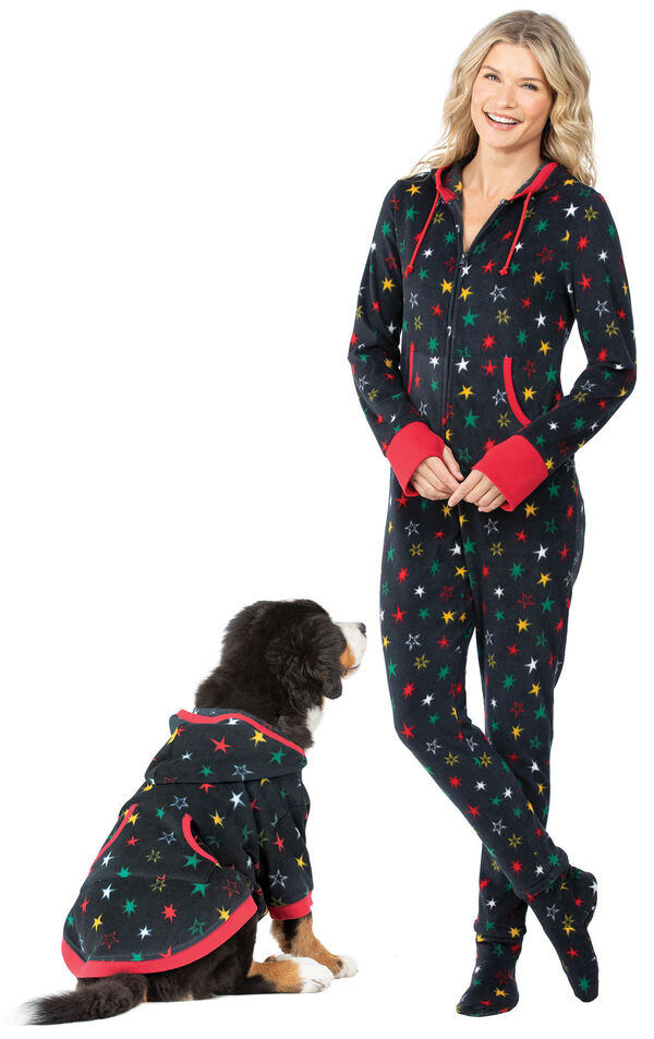 Models wearing Hoodie-Footie - Black Fleece with Stars for Women and Pets image number 0