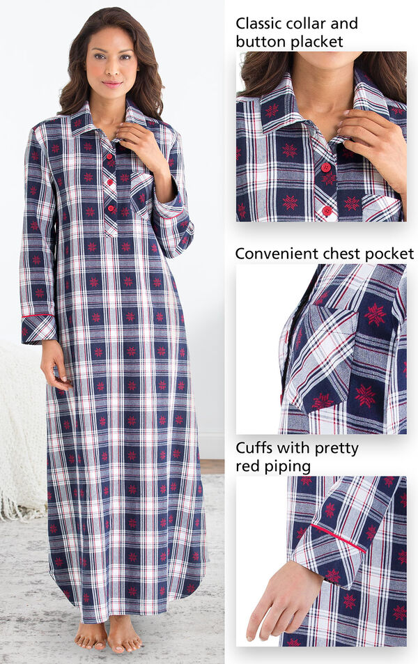 Close-ups of Snowfall Plaid Flannel Nighty features which include a classic collar and button placket, convenient chest pocket and cuffs with pretty red piping image number 3