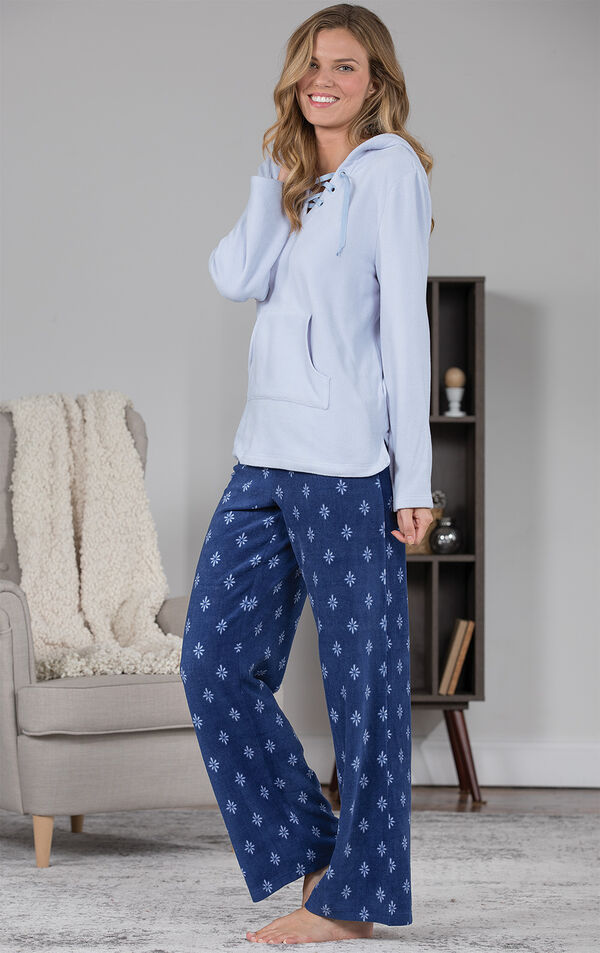 Model standing in living room wearing Blue Fleece Hoodie PJs image number 2