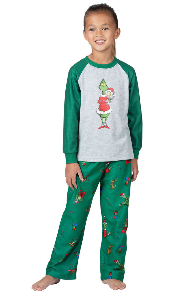 Model wearing Green and Gray Grinch PJ - Kids image number 0