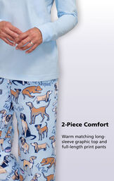 Warm matching long-sleeve Dog Tired graphic top and full-length matching dog print pants image number 3