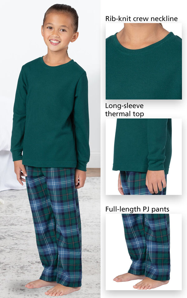 Close-ups of Heritage Plaid Thermal-Top PJ features which include a rib-knit crew neckline, long-sleeve thermal top and full-length PJ pants