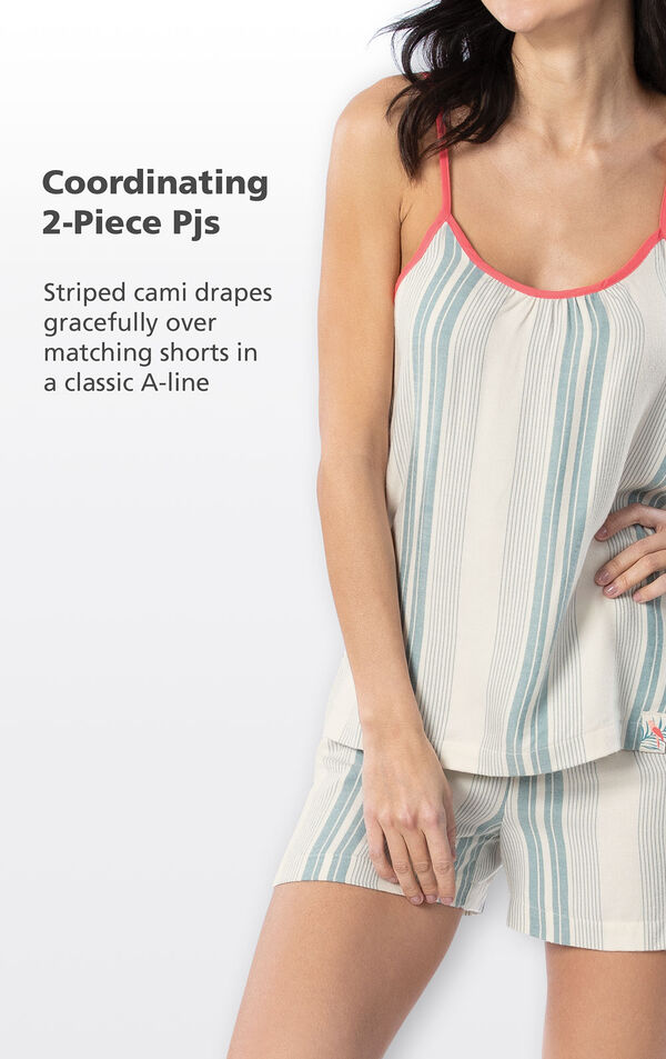 Close up of Margaritaville Cabana Striped Short Set Coordinating 2-Piece PJs - striped cami drapes gracefully over matching shorts in a classic A-line image number 3