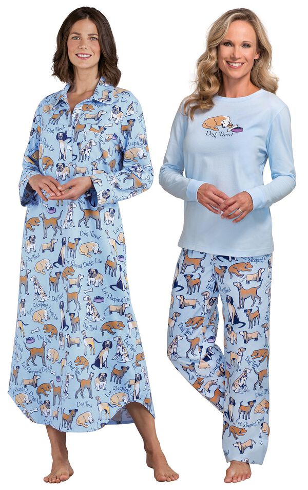 Models wearing Dog Tired Flannel Nighty and Dog Tired Jersey-Top Flannel Pajamas. image number 0