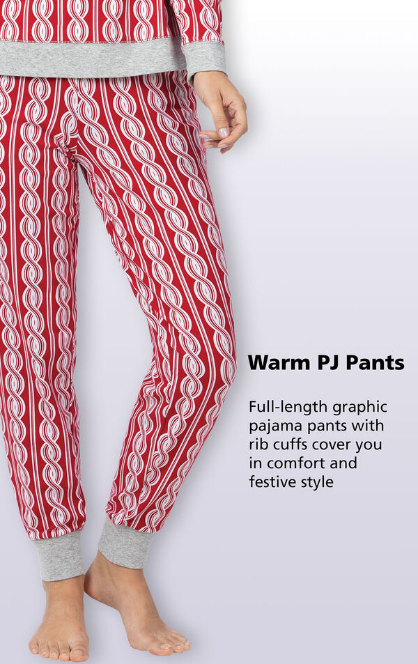 Red and White Peppermint Twist Jogger Pajamas Bottoms with the following copy: full-length graphic pajama pants with rib cuffs cover you in comfort and festive style image number 3