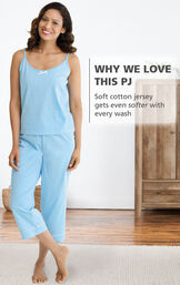 Model wearing Oh-So-Soft Pin Dot Capri Pajamas - Blue with the following copy: Why We Love This PJ: Soft cotton jersey gets even softer with every wash image number 1