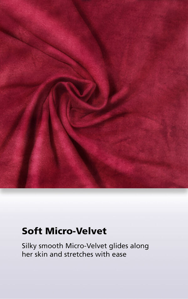 Close-Up of Garnet Soft Micro-Velvet fabric with the following copy: Silky smooth Micro-Velvet glides along her skin and stretches with ease. image number 5