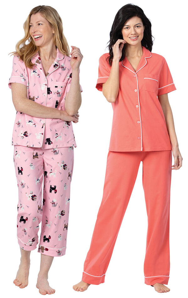 Models wearing Kitty in Paris Short-Sleeve Boyfriend Capri Pajamas - Pink and Solid Jersey Short-Sleeve Boyfriend Pajamas - Coral image number 0