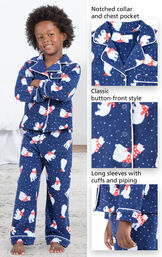Close-ups of Polar Bear Fleece PJ features which include a notched collar and chest pocket, classic button-front style and long sleeves with cuffs and piping image number 3