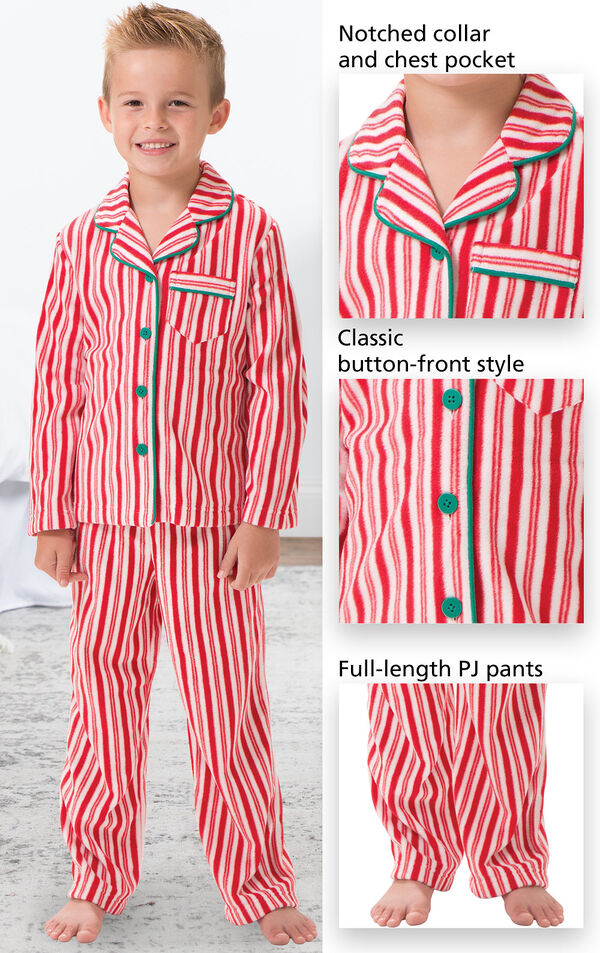 Close-ups of Candy Cane Fleece PJ features which include a Notched collar and chest pocket, classic button-front style and full-length PJ pants image number 2