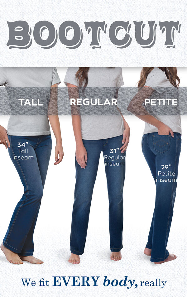 We fit EVERY body, really. Bootcut jeans have a 34" Tall inseam, 31" Regular inseam, and 29" Petite inseam. image number 4