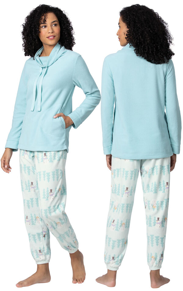 Model wearing Snowmen - Aqua Top Fleece Jogger PJ for Women, facing away from the camera and then to the side image number 1