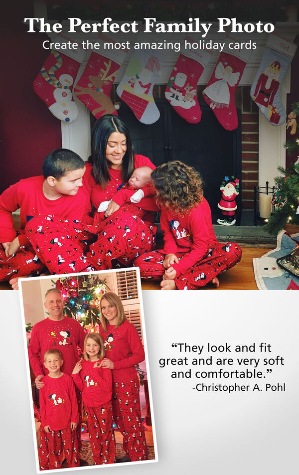 Customer Photos of Snoopy and Woodstock Matching Family Pajamas. Headline: The Perfect Family Photo, Create the most amazing holiday cards. Customer quote: "They look and fit great and are very soft and comfortable." - Christopher A. Pohl image number 3